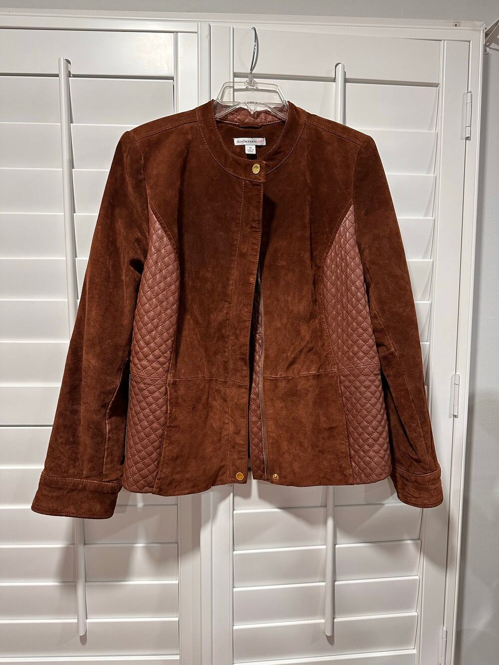 Isaac Mizrahi Brown Suede LeatherJacket Quilted Side Panels Sz 14 Trim Moto